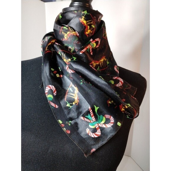 Christmas Scarf Black With Candy canes and Rocking Horses 30 X 12 inches - Picture 1 of 10
